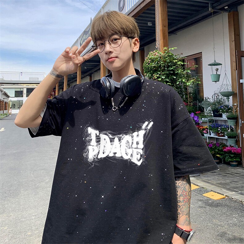 量大优供抖音视频支持得物配合二开美式满天星亮片短袖T恤MTX232,男装T恤,电商A486