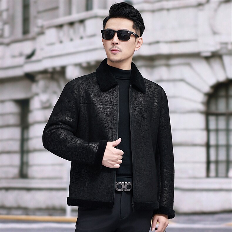 冬新款男士皮毛一体皮衣中老年爸爸装商务休闲男装绵羊皮外套，男装皮衣，电商B360