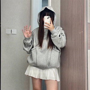 抖音得物高品质秋冬美式高街重磅结构辑明线纹理连帽卫衣外套W111图片