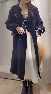 袖口拼皮绝版双面羊绒大衣（黑色-米白-灰色）,其它,AMGO