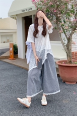 设计感不规则蕾丝衫套装女夏新款慵懒风休闲显瘦格子阔腿裤两件套，女装套装/套裙，2C201