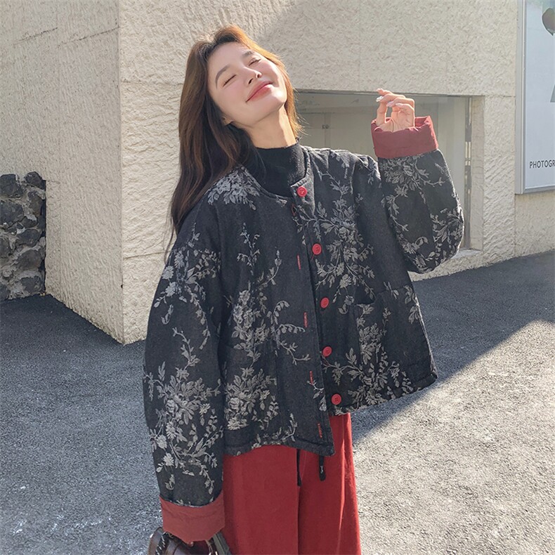 新中式国风灰色羽绒棉服女秋冬超火好看高级小众棉衣棉袄轻薄外套,女装棉衣/棉服,2C122