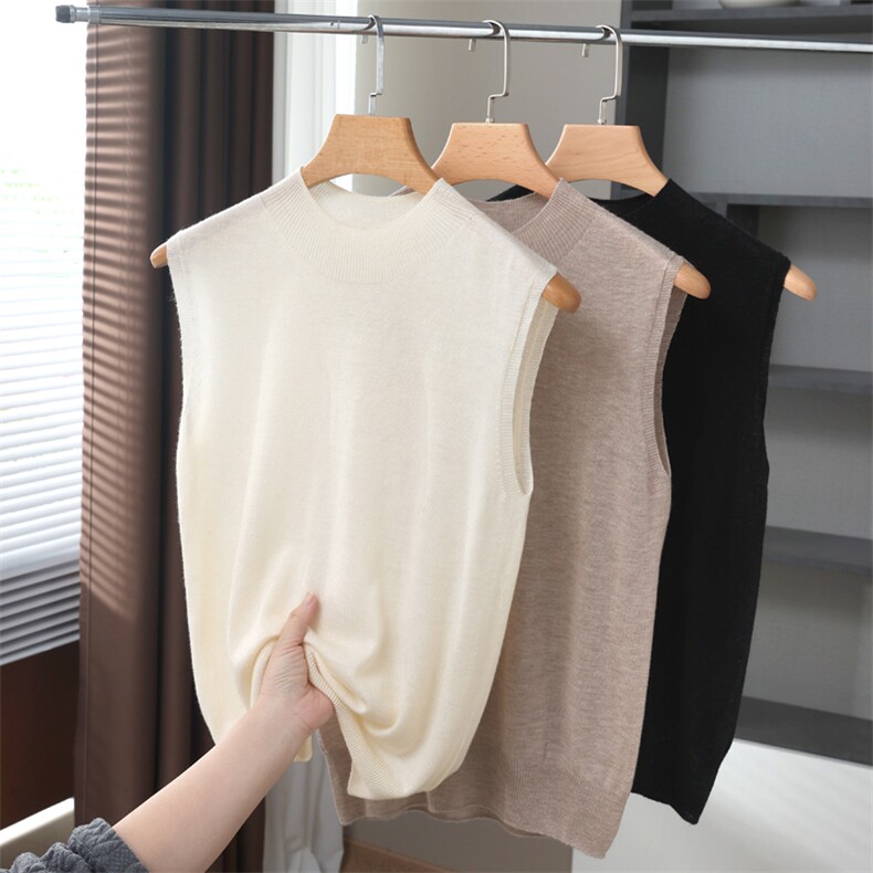精纺超细丝光羊毛天丝无袖针织背心夏季半高领短款T恤吊带内搭女，女装背心吊带，唯若美羊绒