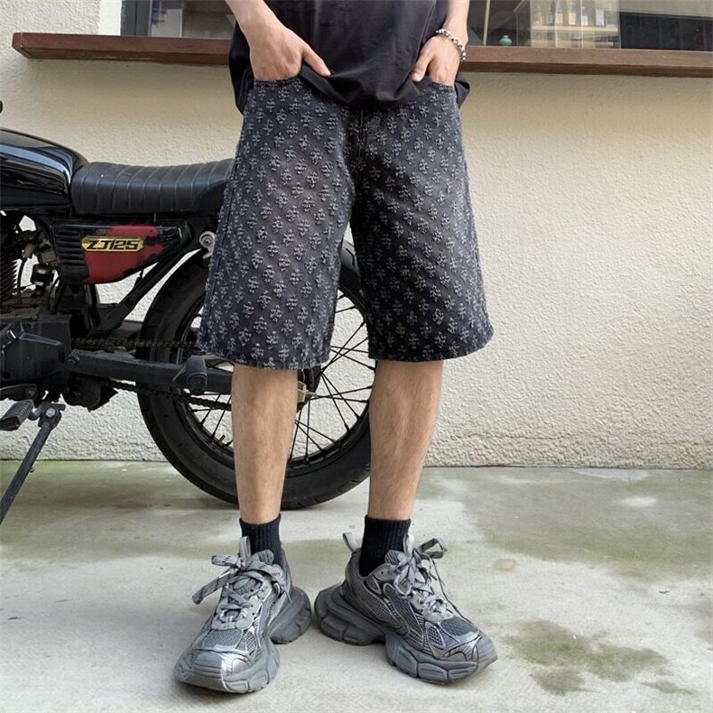 美式高街水洗印花男士破洞牛仔短裤宽松直筒五分裤2025夏季新款潮,男装牛仔裤,星座506A