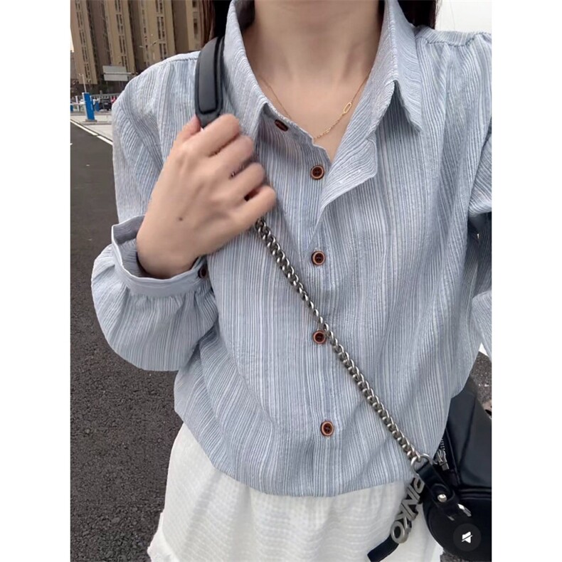 TC582-P45韩版气质竖条纹翻领衬衫女装长袖宽松开衫polo防晒上衣图片