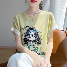 夏季新款竹节麻卷发眼镜女孩短袖女修身显瘦百搭时尚休闲上衣潮，女装T恤，暖娇绒包芯纱店