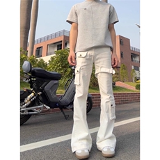 vibe白色绑带微喇工装牛仔男cleanfit美式高街修身弹力长裤，男装牛仔裤，星座506A