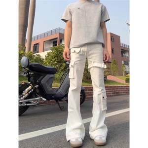 vibe白色绑带微喇工装牛仔男cleanfit美式高街修身弹力长裤图片