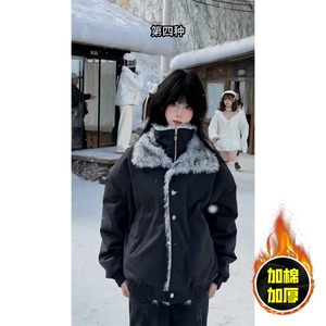 现货高品质美式高街重磅狼王座山雕毛毛领假两件棉衣加厚棉服外套