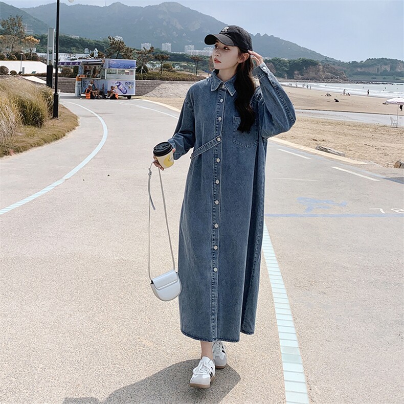复古牛仔连衣裙女2024秋季新款高级感盐系宽松遮肉显瘦长款衬衫裙,女装连衣裙,浪娴服饰