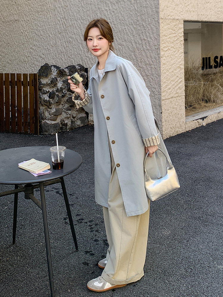 蓝色简约风衣外套女2025春季新款韩系英伦风中长款休闲大衣小个子,女装风衣,浙宝192（原082）
