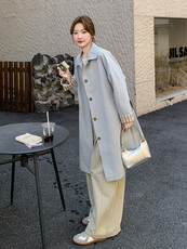 蓝色简约风衣外套女2025春季新款韩系英伦风中长款休闲大衣小个子，女装风衣，浙宝192（原082）