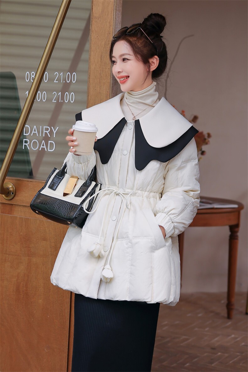 2022年冬季90白鸭绒拼接娃娃领特色气质淑女韩版羽绒服女,女装羽绒服,韩蜜菓