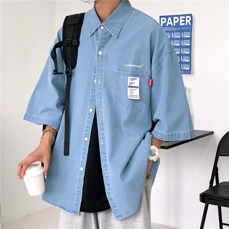牛仔短袖衬衫男夏季港风复古痞帅五分袖外套ins韩版潮流宽松衬衣,男装T恤,星座601-2