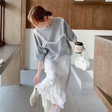韩版运动休闲显瘦时尚套装女2025年夏季新款蕾丝短袖半身裙两件套，女装套装/套裙，2C275