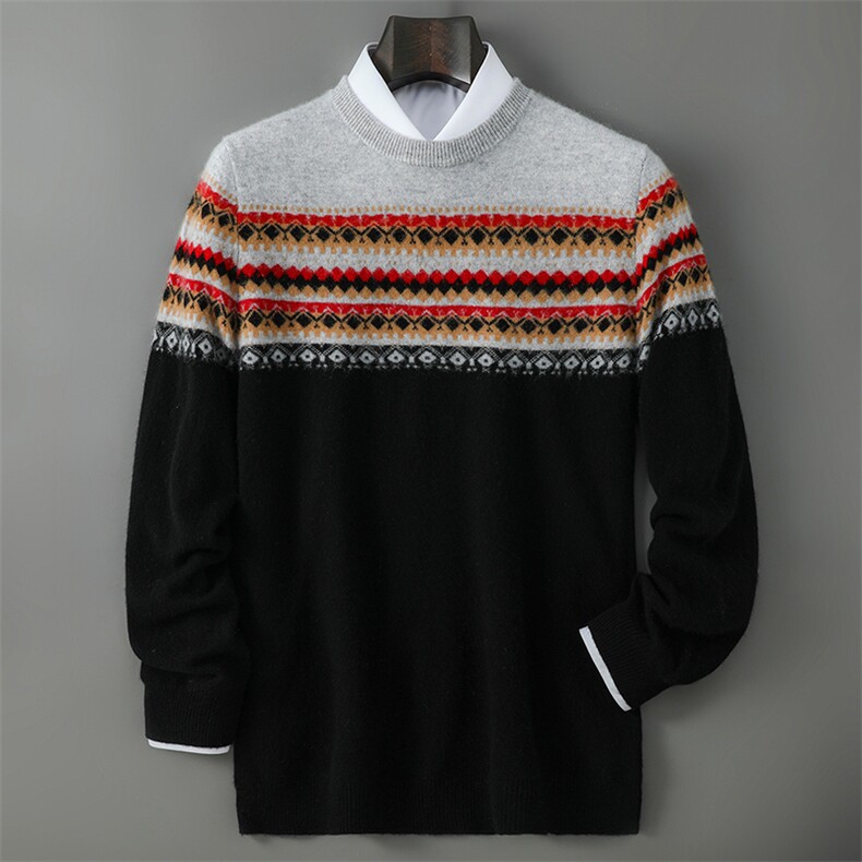 2025年秋季长袖时尚都市套头圆领花型拼色，男装羊毛衫，千国羊绒