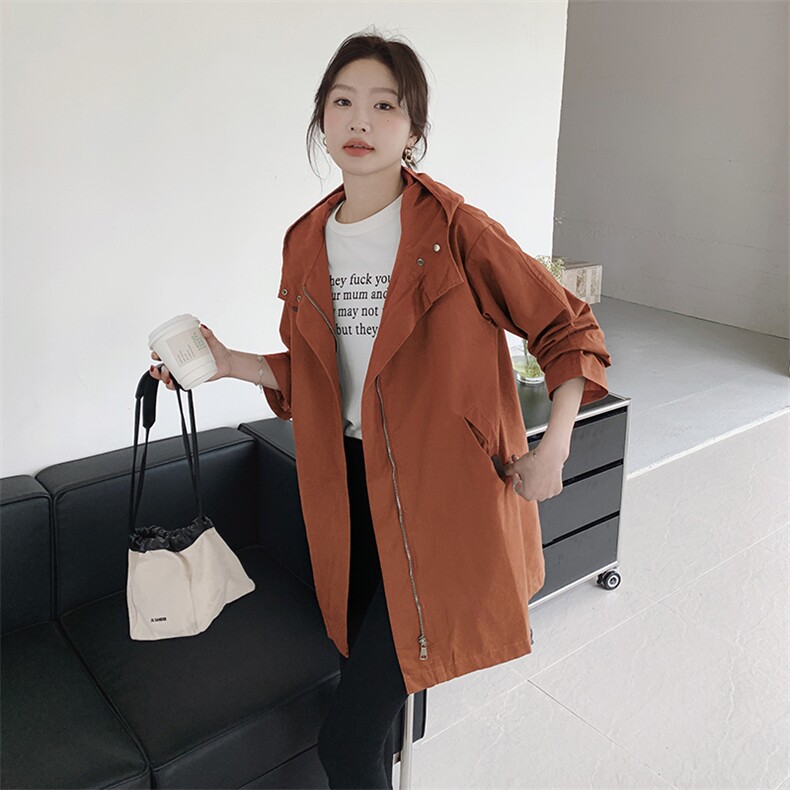 2025年秋季宽松型日韩休闲中长款长袖连帽拉链年轻款风衣学院风，女装风衣，秋牧寒烟
