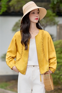 木耳边拼接棉麻薄款短外套女防晒透气2026夏新款上衣图片