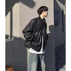加厚夹棉pu软皮拼接防风廓形免烫立领皮衣，男装皮衣，四季星座505
