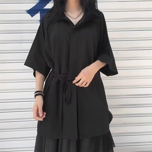 暗黑日系短袖衬衫男女绑带设计宽松大码七分袖外套2025夏季新款图片