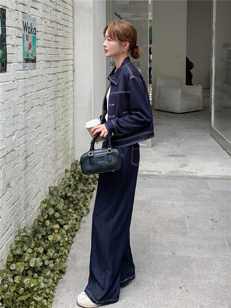 （新款现货）2026春装时尚潮流天丝牛仔拉链阔腿裤套装两件套,女装套装/套裙,印象茜