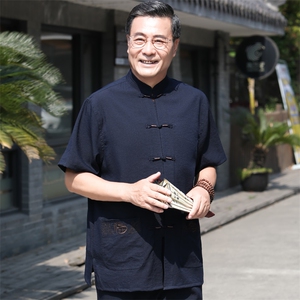 786/P70主推！老人棉麻唐装男运动短袖套装中国风爸爸半袖太极服图片