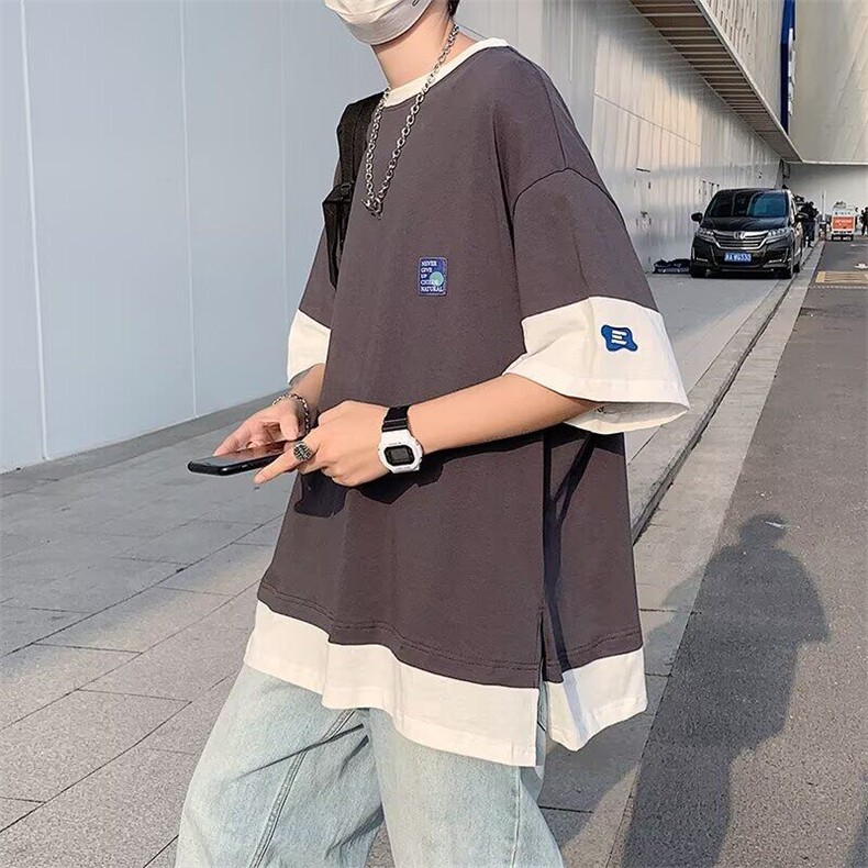 夏季港风假两件短袖T恤男宽松痞帅百搭休闲五分袖上衣,男装T恤,星座410-7