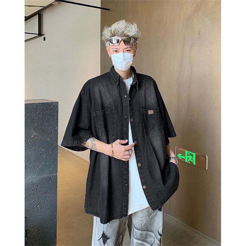 2024新款美式潮流水洗染牛仔衬衫男短袖宽松上衣现货W8262-P54，男装衬衫，星座512-4