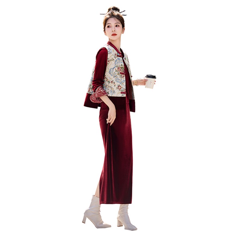 春装新款中式复古高级感唐装刺绣马甲半身裙三件套时尚套装潮,女装套装/套裙,关键词