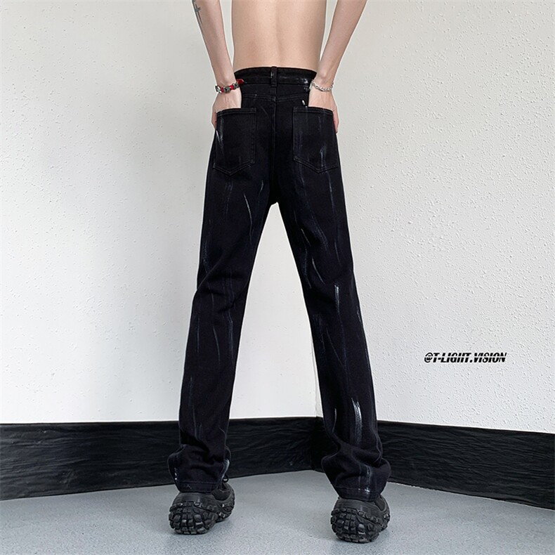 B221美式ins高街暗黑小众喷墨休闲直筒牛仔裤LK23040-P60控78,男装牛仔裤,电商B221