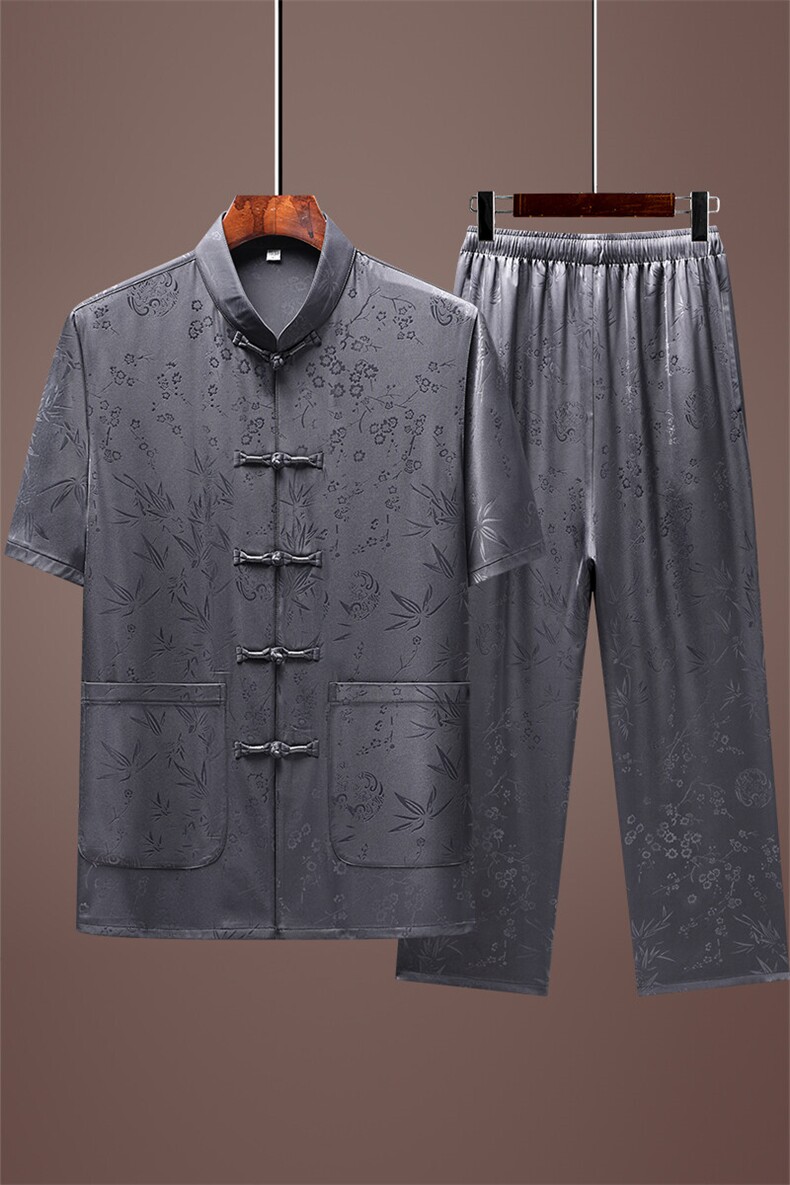 风高品质梅竹提花唐装男装夏季透气中老年人中式汉服爸爸套装,男装休闲套装,钱塘6003（原4033）