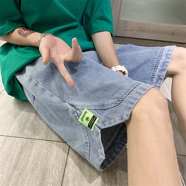 港风夏男牛仔短裤松紧腰抽绳直筒开衩浅蓝色五分裤D201-DM156-P45,男装牛仔裤,电商D321-1