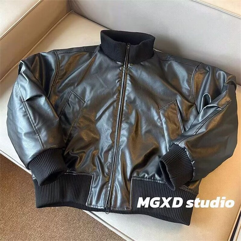 现货美式短款PU皮立领夹棉宽松棉服S01/P90,男装棉衣,星座205-3