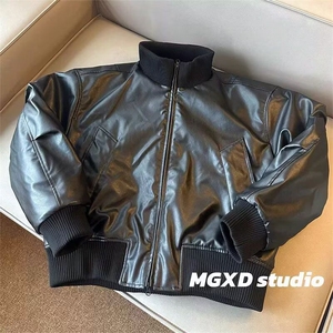 现货 美式短款PU皮立领夹棉宽松棉服S01/P90图片