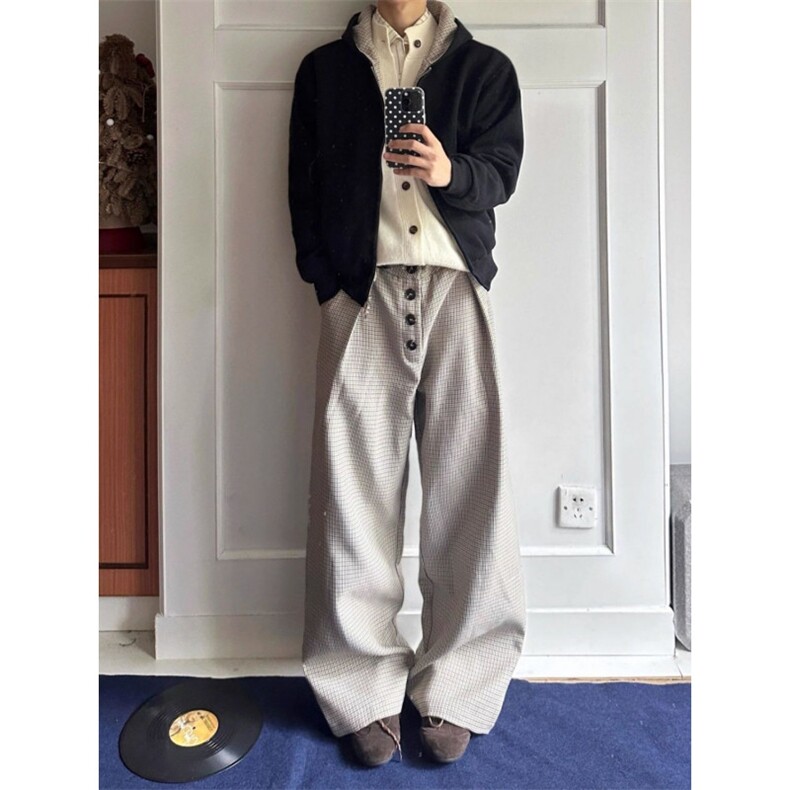 式复古千鸟格西装裤男女款秋季潮牌宽松休闲百搭直筒阔腿长裤子,男装西服套装,四季星座505
