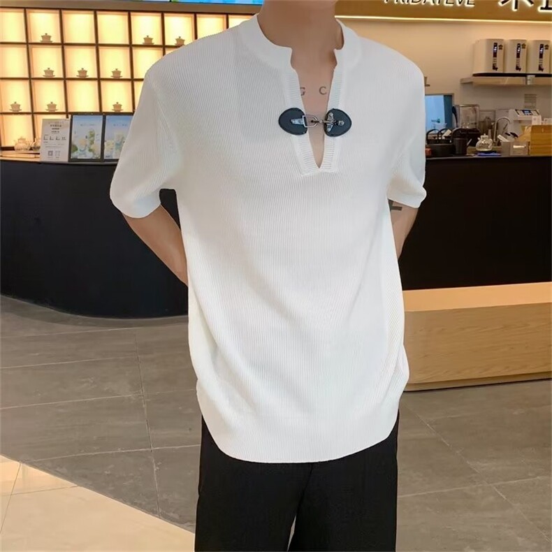 夏季个性短袖T恤男皮扣设计V领高级感红色薄款针织小众痞帅B201,男装T恤,星座1013