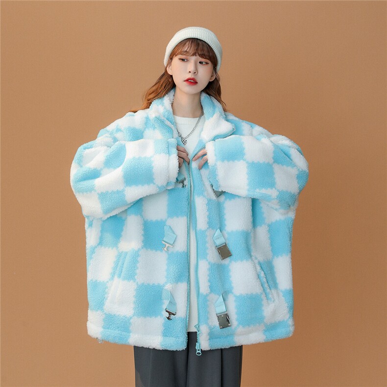 1中性风冬季情侣羊羔毛棉衣女棉服女棋盘格宽松外套女MY7535P135,男装棉衣,星座226-2
