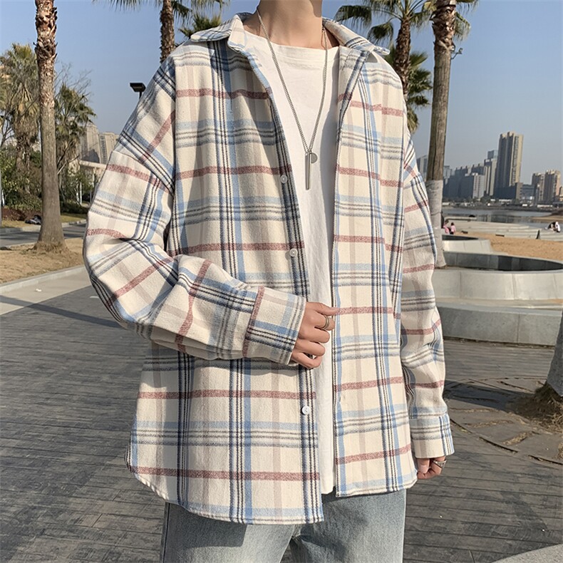 衬衫长袖高中生帅气个性格子衬衣2023新款男秋季外套W1044-P40,男装衬衫,星座512-2