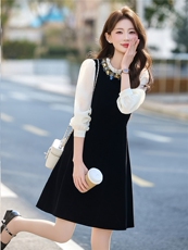 2026春装新款时尚气质圆领长袖丝绒连衣裙，女装连衣裙，天丝秀