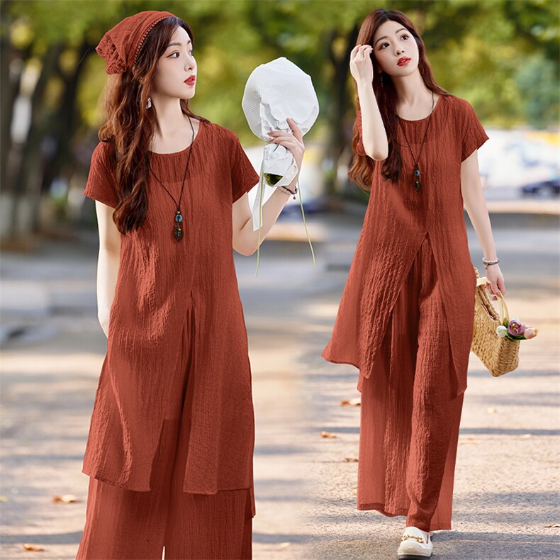 夏季慵懒风休闲套装女2025新款短袖设计感上衣宽松阔腿裙裤三件套，女装套装/套裙，水衣源