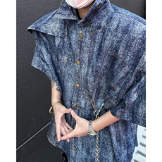 现货！设计感男士垫肩牛仔设计垫肩衬衫短袖DX170-P78无链子，男装T恤，电商B288
