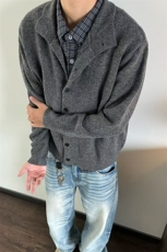网图立领针织开衫外套男秋冬新款慵懒风半高领休闲毛衣-A2339TP52，男装针织衫/毛衣，电商B241