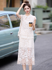 小香风蕾丝套装裙女2025夏新款名媛气质显瘦短袖上衣半身裙两件套，女装套装/套裙，冬木谷雨