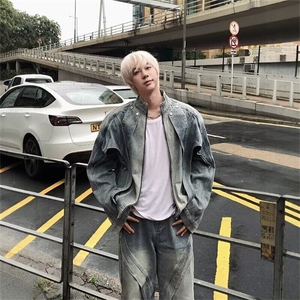 25春美式复古解构水洗做旧黄泥染立领牛仔外套宽松夹克JKK08p85特图片