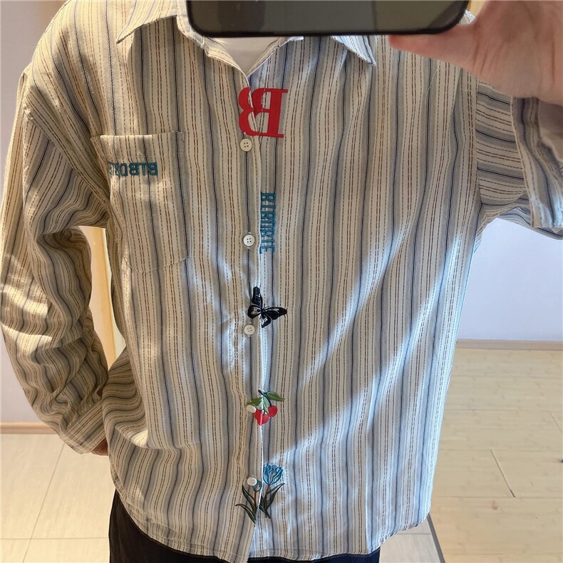 1506-1/GJ080/P46秋季新款美式复古条纹刺绣衬衫,男装衬衫,星座1506A