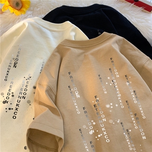 240G重磅美式白墨印花纯棉大码宽松休闲短袖T恤 T304-P25-控38图片
