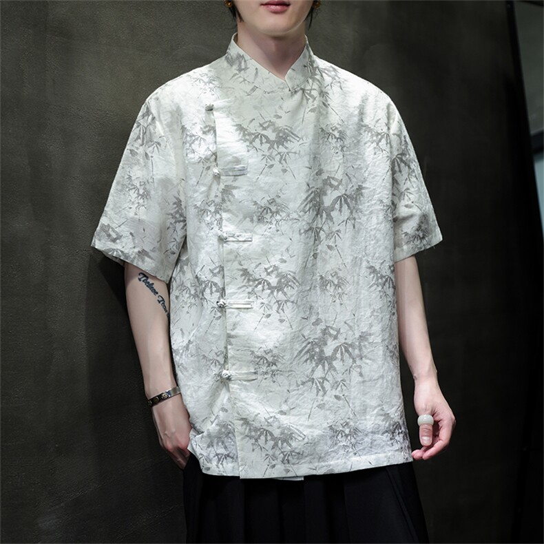 中式2024真棉麻斜门襟风复古汉服盘扣立领短袖衬衫CS35-P65,男装衬衫,电商A021