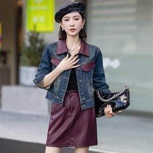 现货秋季新款韩版百搭港风复古牛仔外套女PU皮拼接夹克显瘦上衣图片