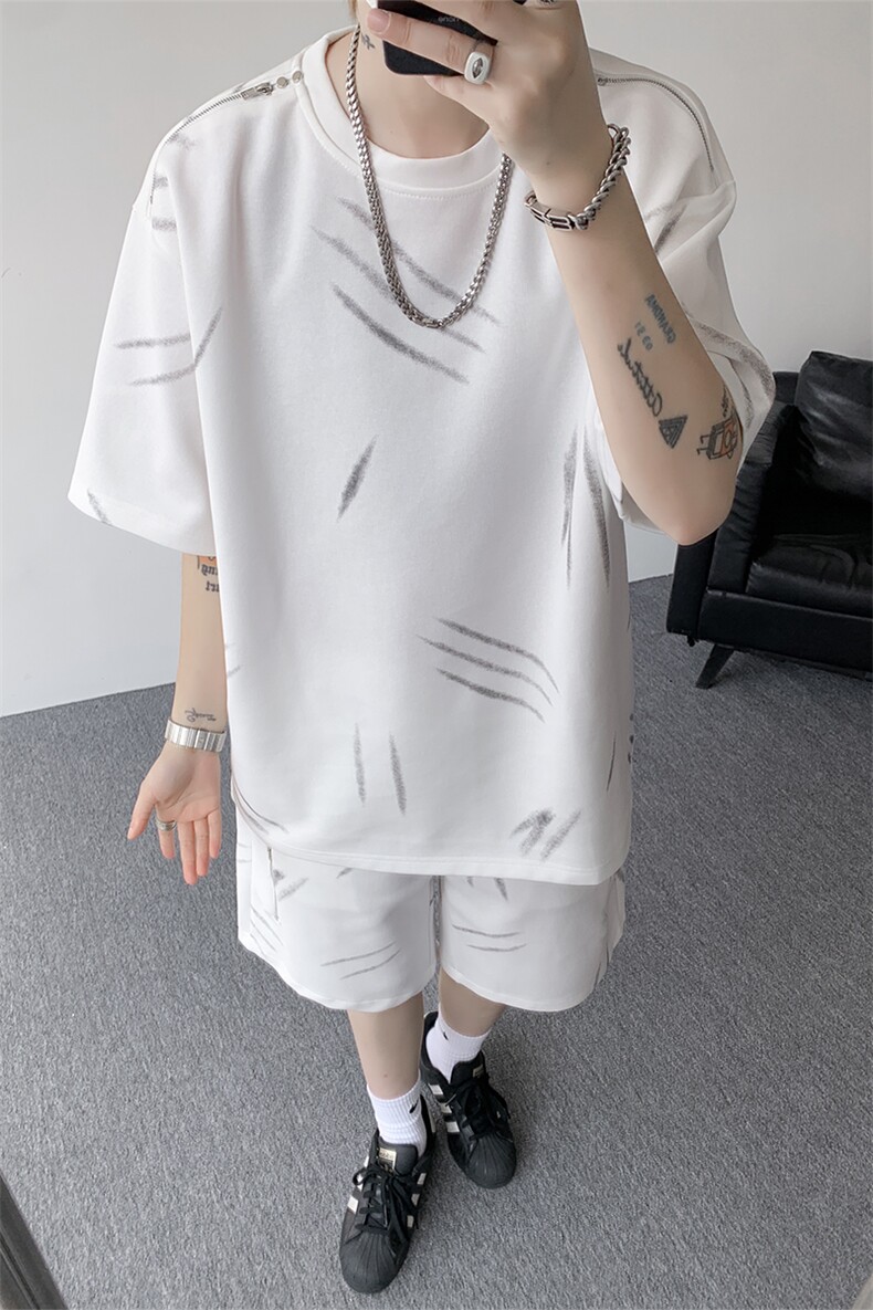 高品质猫爪布美式机车拉链套装夏季新款设计短袖短裤套装特P70,男装休闲套装,电商B319