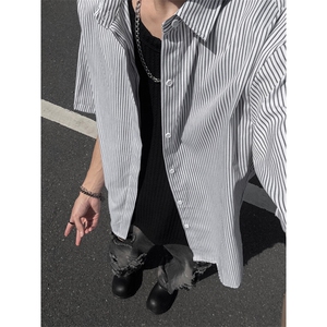 B221 美式ins高街宽松薄款条纹短袖衬衫SY2552-特P28控49图片